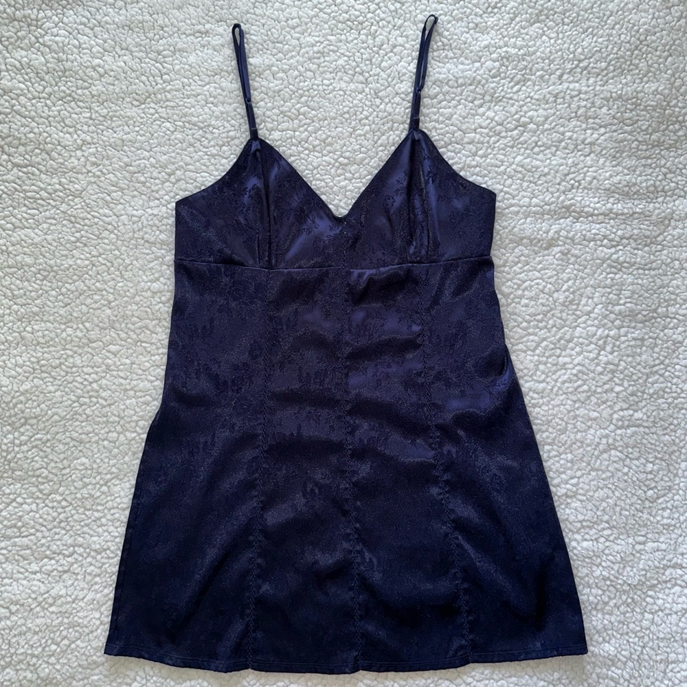 VTG Victoria's Secret Whimsy 90s Lace Up Satin Chemise Baby Doll slip dress blue